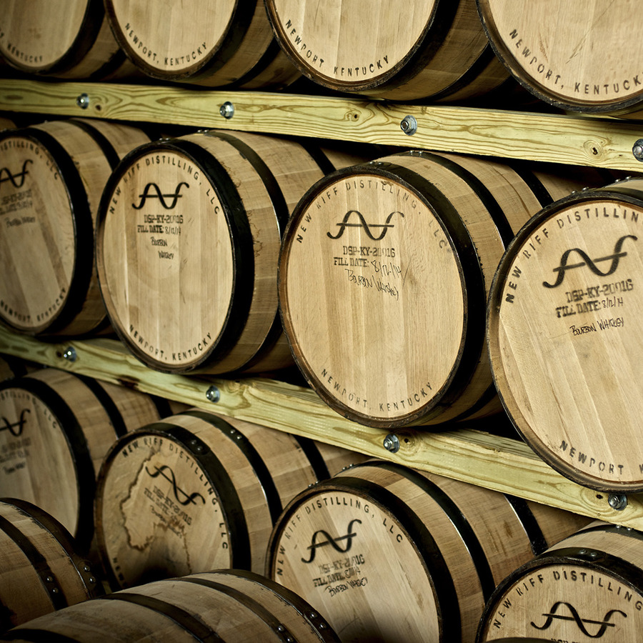 Barrels in the cellar at New Riff's distillery