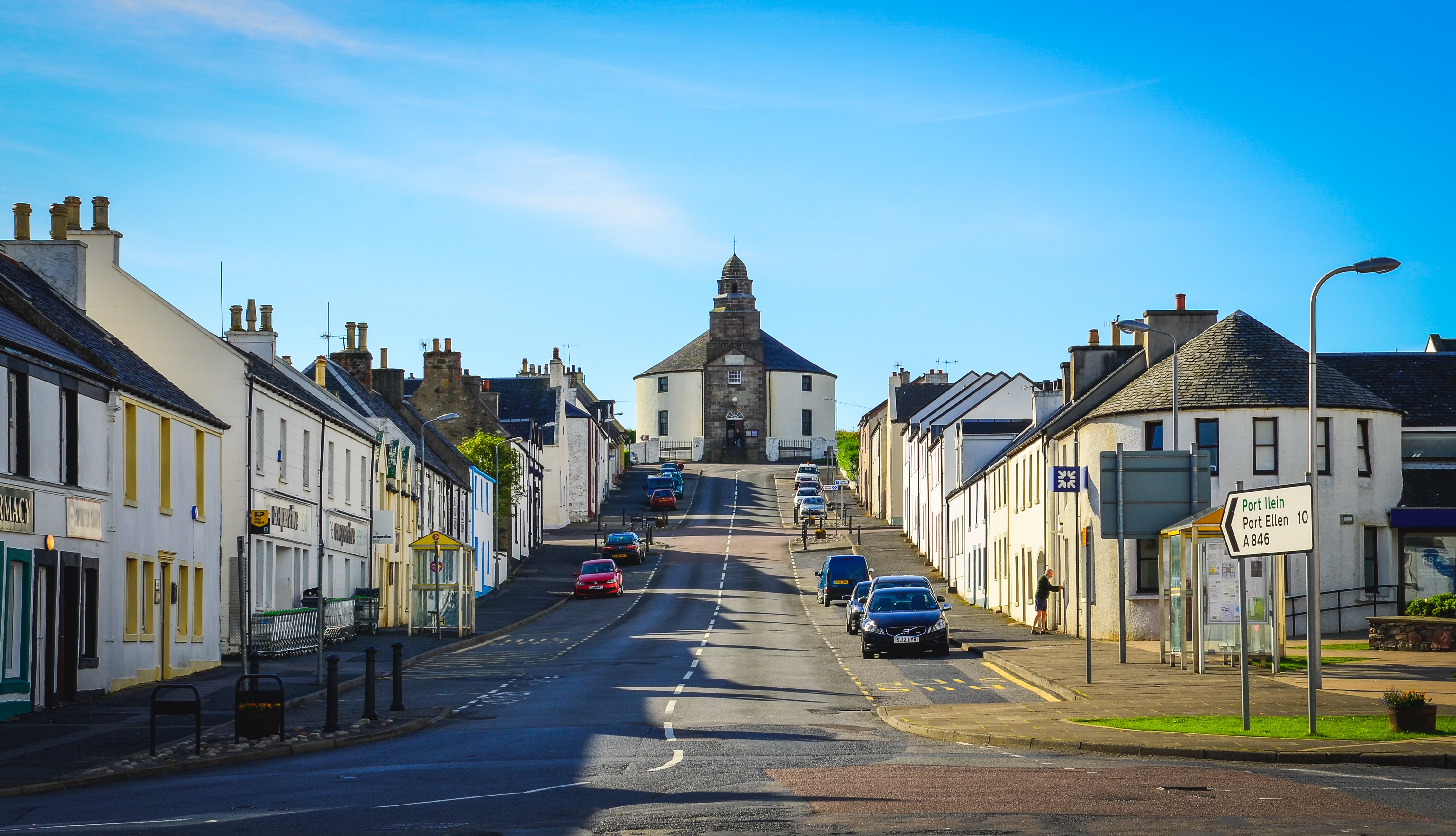 Street and round church in Bowmore, Islay