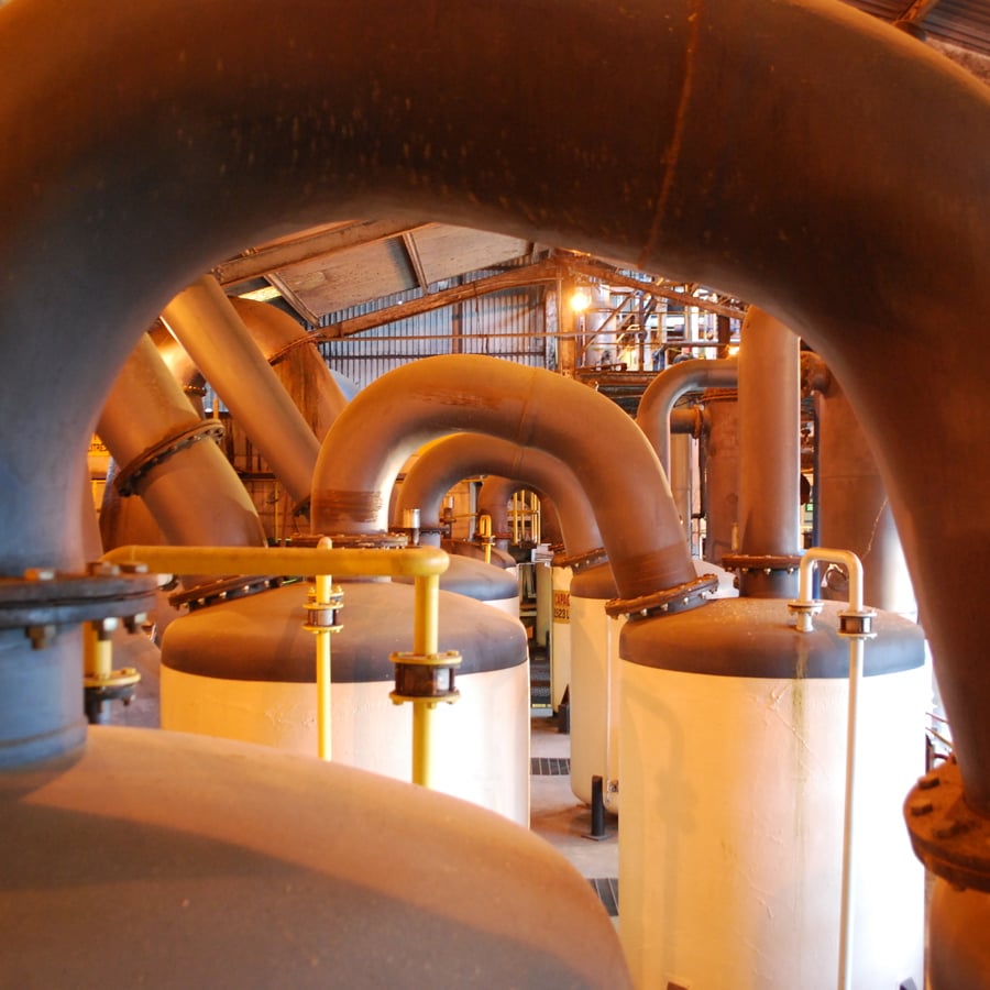 The distinctive double retort pot stills at Appleton Estate